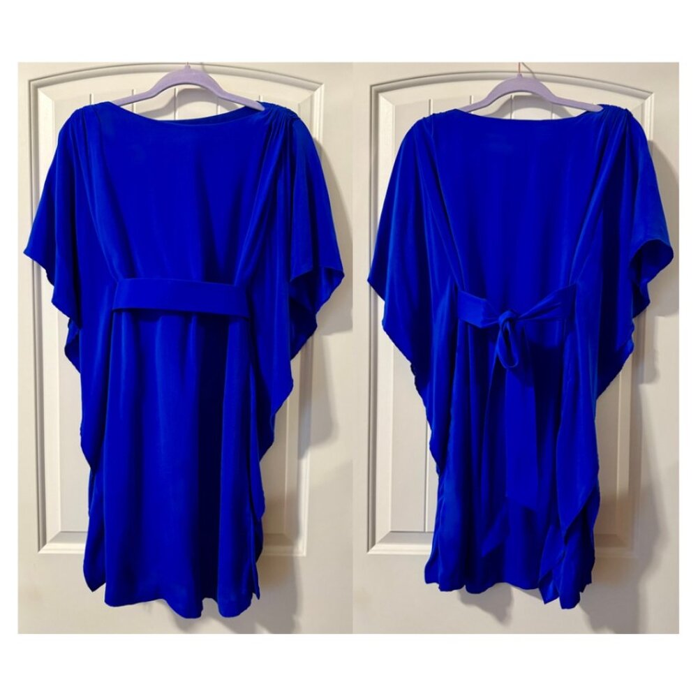 Suzi Chin for Maggy Boutique Blue Cape Ruffle Sleeve Belted Silk Dress - Size 2